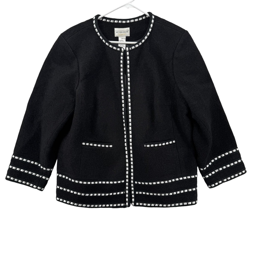 Victor Costa Occasion Jacket‎ Womens 1X Black Wool Blend Open Front Ribbon Trim